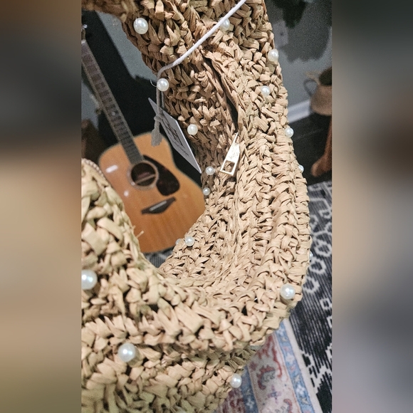 HAUTE HIPPIE Woven Straw Slouchy Shoulder Bag With Pearl Accents. Tan. NWT - Picture 5 of 13